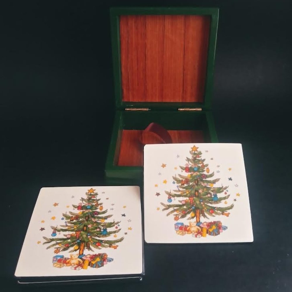 Vintage Lord & Taylor Christmas Cork Backed 6pc Coaster Set with Keepsake Box